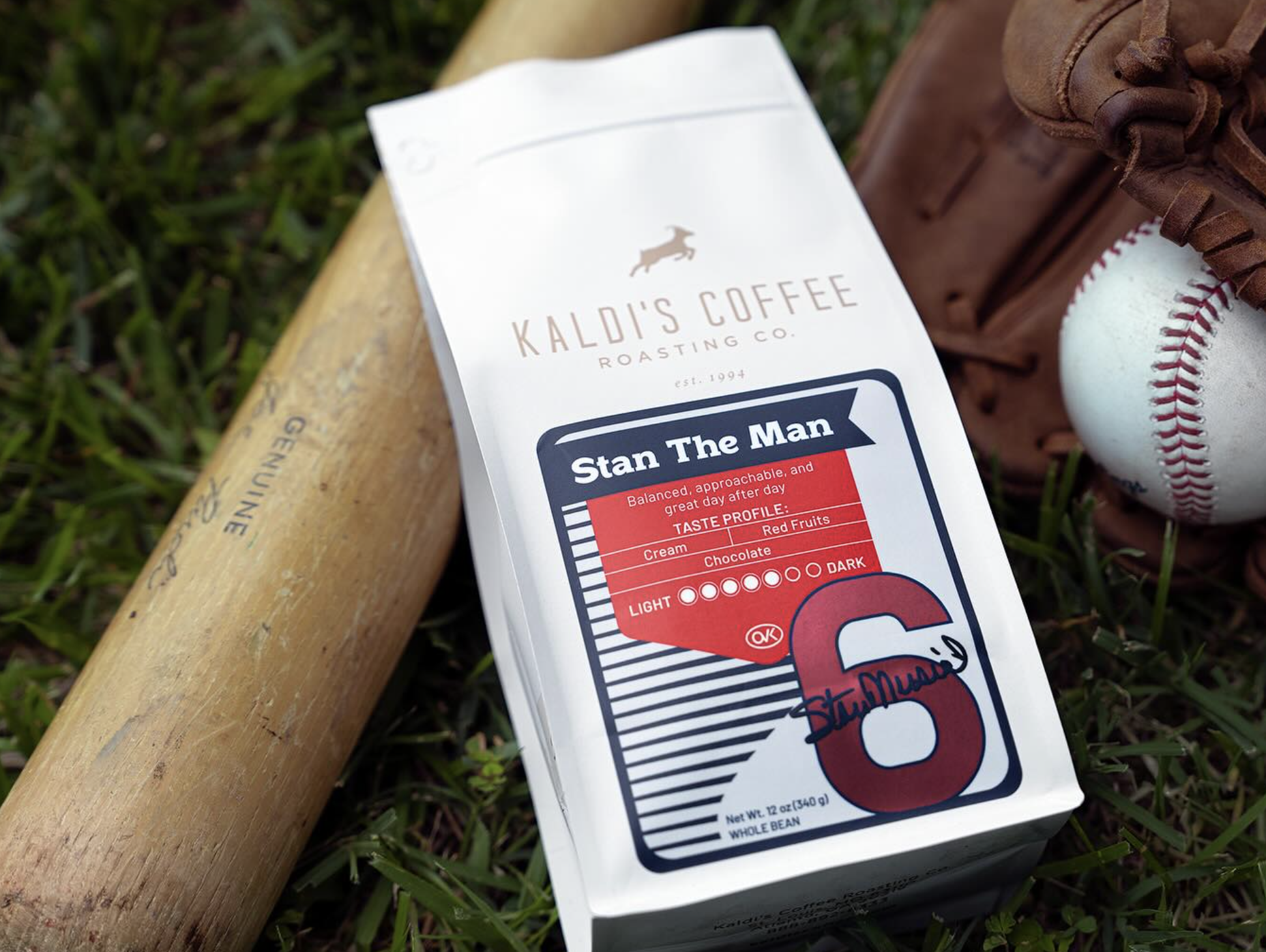 Kaldi’s Coffee and Stan Musial collaboration coffee bag on a baseball field