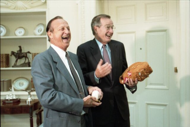Stan Musial sharing a laugh with President George H. W. Bush